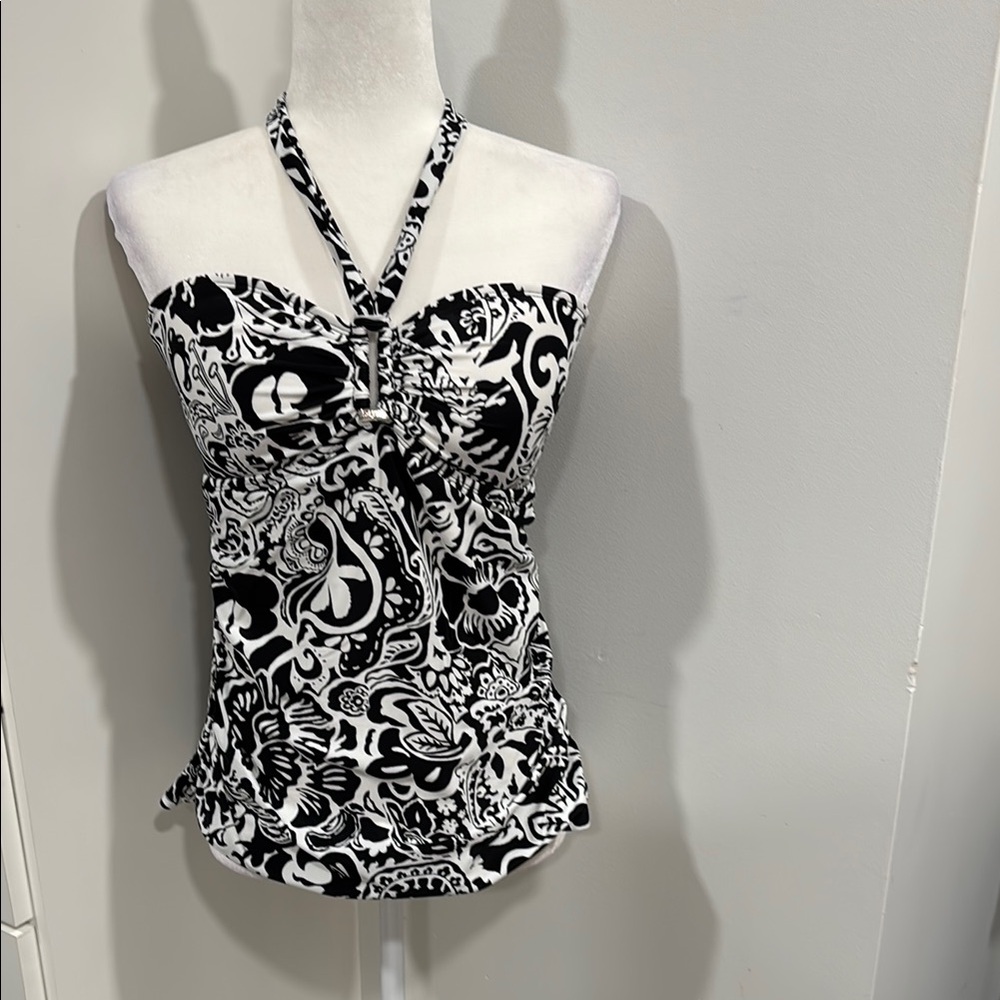 Chaps Black and White Fitted Bustier Bathing Suit Top